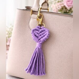 HANDCRAFTED Macrame Heart Purple Bag Charm Keychain Bohemian Purse Jewelry NEW